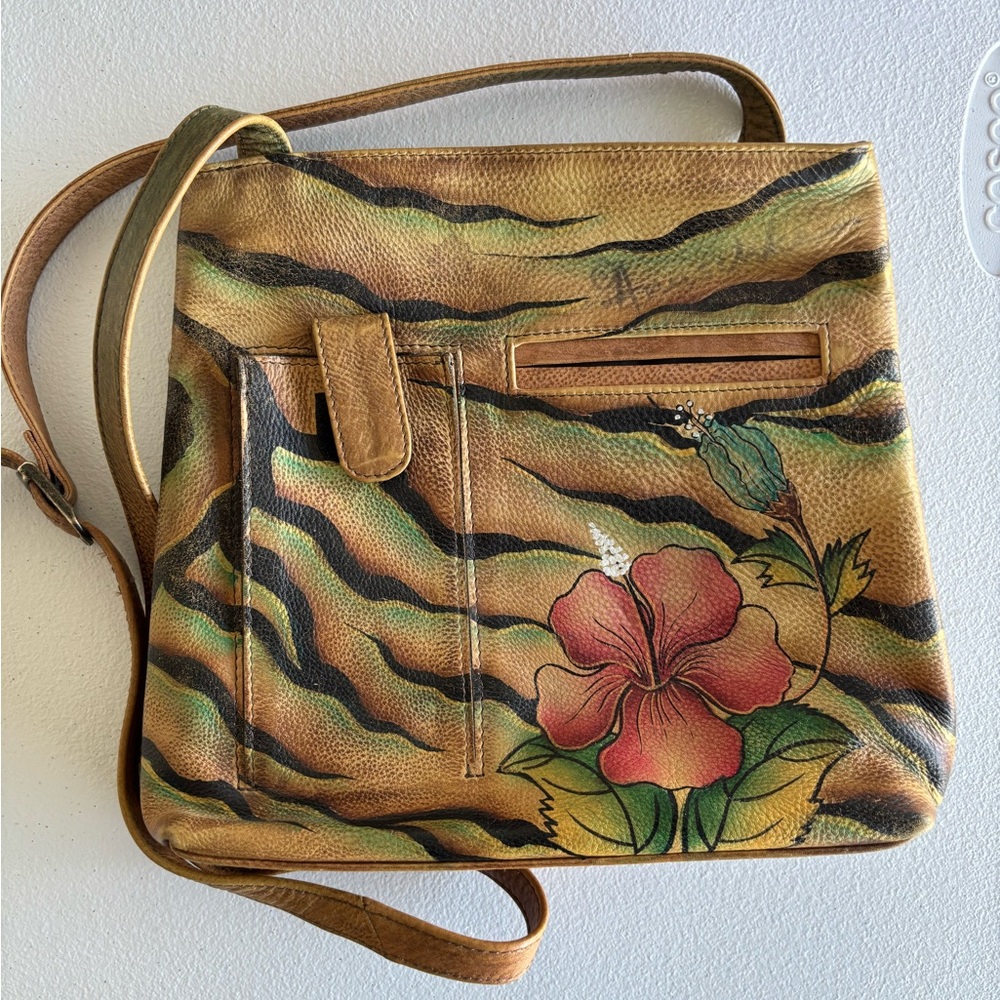 Anuschka Tan Crossbody Bag with Floral Design